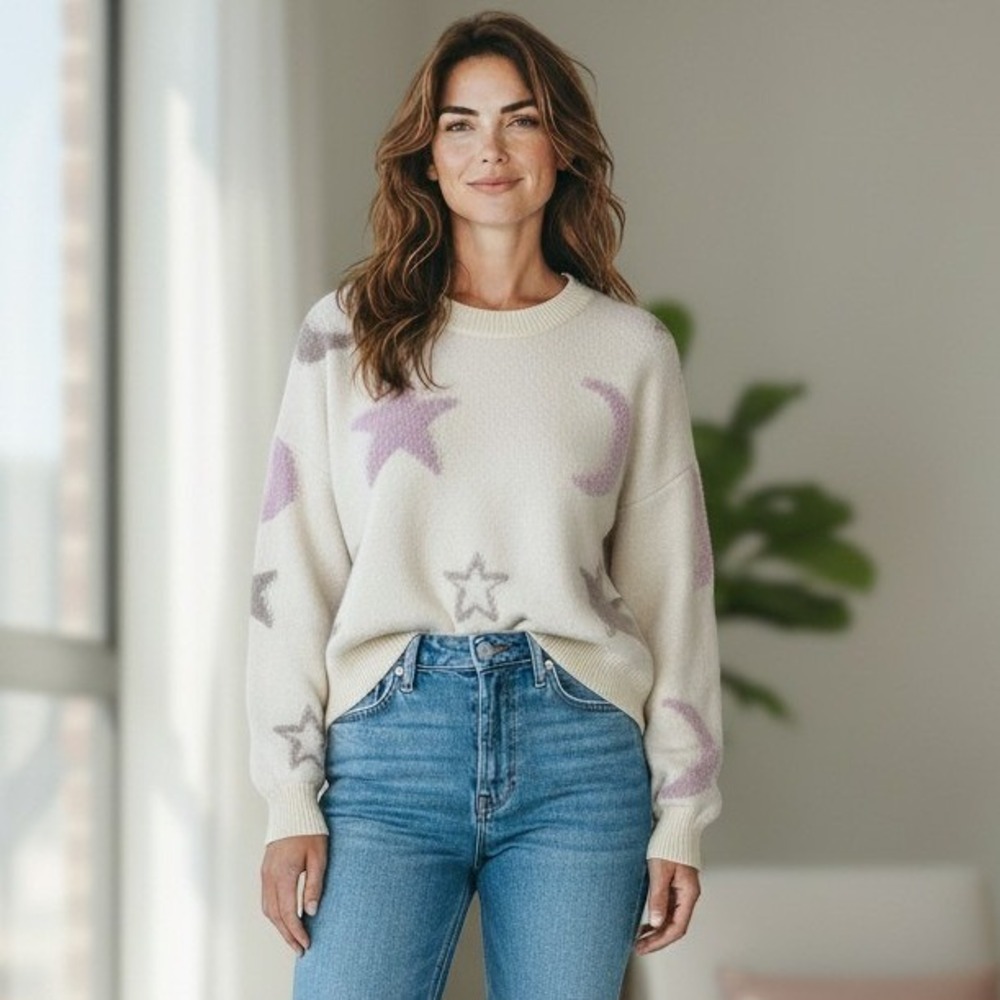 Threaded Leaf Womens Celestial Star Moon Cropped Oversized Sweater Cream Medium